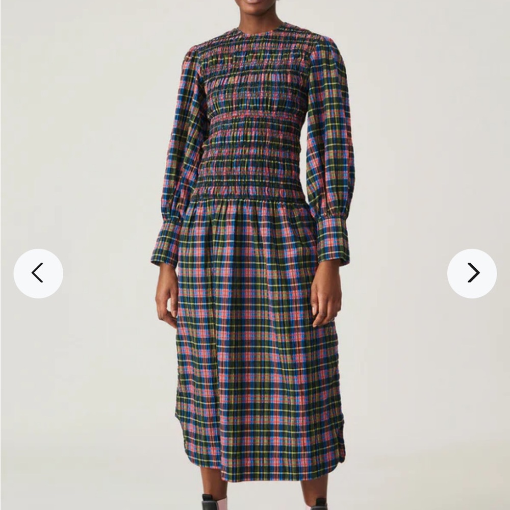 GANNI | Shirred Organic Cotton Blend Seersucker Midi Dress Size 42